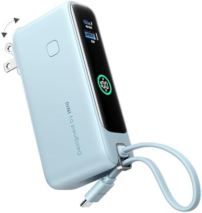 INIU 3-in-1 Power Bank, 30W 10000mAh Fast Charging Portable Charger, Built-in USB C Cable and Foldable AC Plug, Travel Outdoor Essentials Powerbank, Battery Pack for iPhone 16 15 Samsung S25 S24 etc