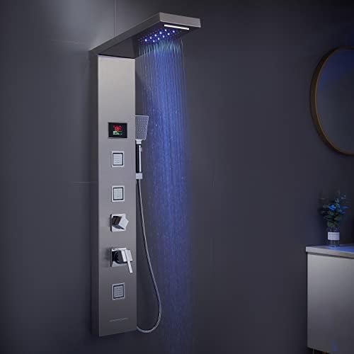 LED Shower Panel Tower System Black, MENATT 304 Stainless Steel 5-Function Shower Panel Rainfall Waterfall Shower Rain Massage System with Body Jets