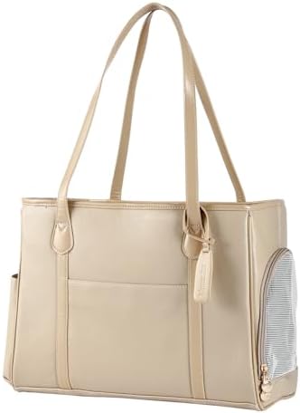 Monanller Stylish Dog Purse Carrier, Leather Pet Carrier Bag for Small Dogs Cats Puppy, Airline Approved Soft-Sided Carrier Beige