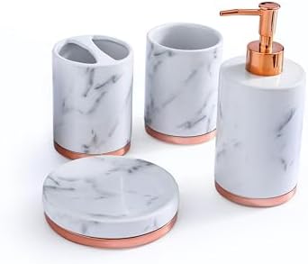 WPM 4 Piece Ceramic Bath Accessory Set | Includes Bathroom Designer Soap or Lotion Dispenser w/Toothbrush Holder, Tumbler, Soap Dish Choose from Purple, Black, Brown, Navy or Burgundy (Brown)