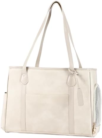 Monanller Stylish Dog Purse Carrier, Leather Pet Carrier Bag for Small Dogs Cats Puppy, Airline Approved Soft-Sided Carrier Beige