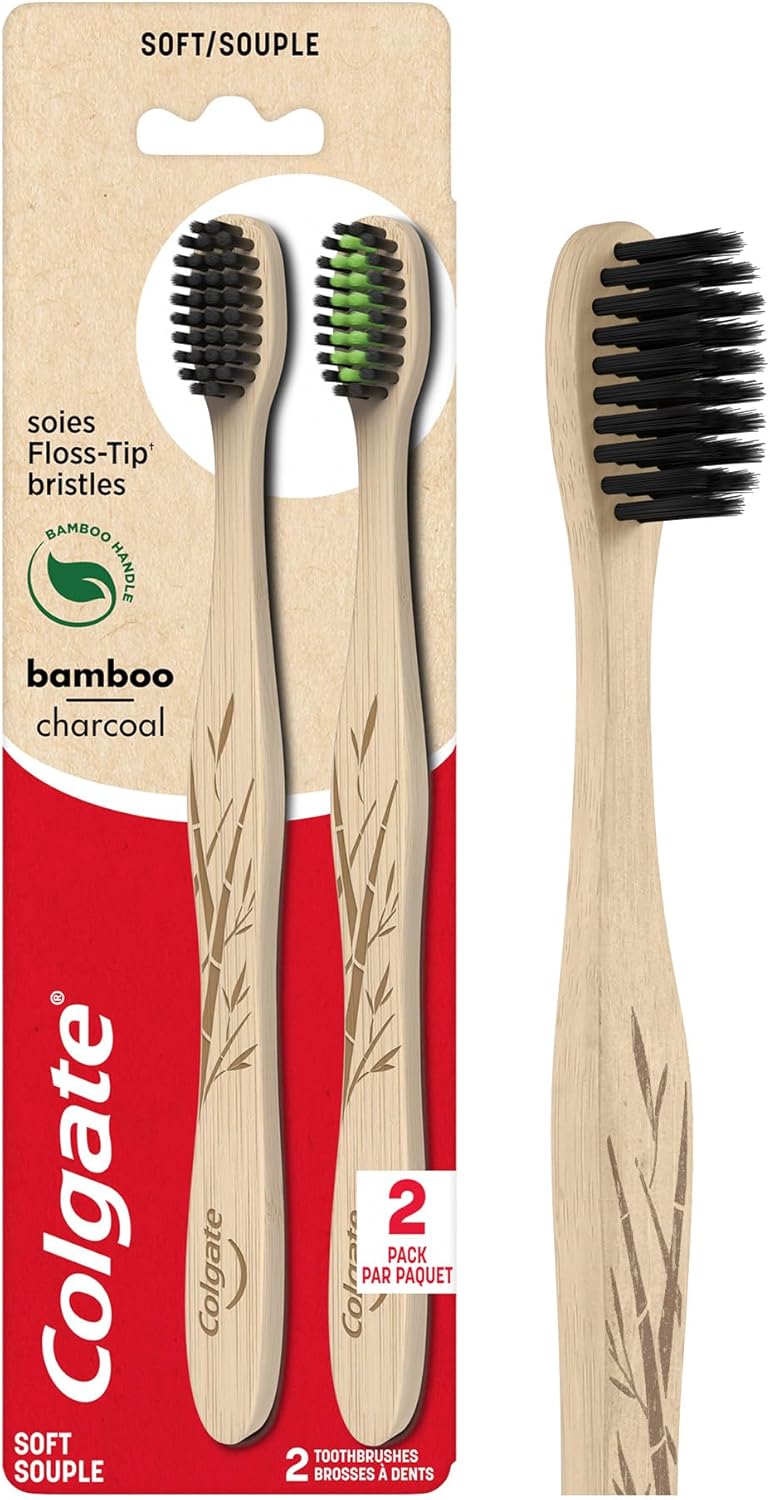 Colgate Bamboo Soft Bristle Full Size Toothbrush (2 Pack) with Floss-Tip Bristles, BPA Free, Eco-Friendly Toothbrush, Natural Bamboo Handle, Gentle on Gums, Sustainable Oral Care