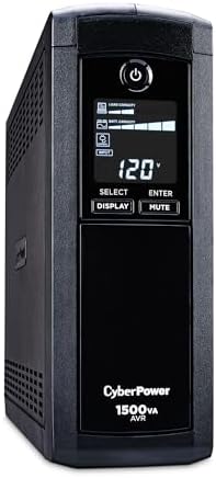 CyberPower CP1500AVRLCD3 Intelligent LCD UPS System, 1500VA/900W, 12 Outlets, 2 USB Ports, AVR, Mini Tower, Black