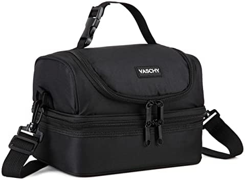 VASCHY Lunch Box Bag Men, Insulated Two Compartments Bento Cooler Bags for Adults/Women/Kids for School,Daycare,Kindergarten,Picnic Black