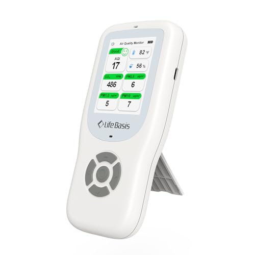 LifeBasis Air Quality Monitor Indoor, 10-in-1 Air Quality Detector with Stand, Real-Time Air Meter Test AQI, PM1.0, PM2.5, PM10, CO2, TVOC, HCHO, Particles, Temperature and Humidity with Alert -Black