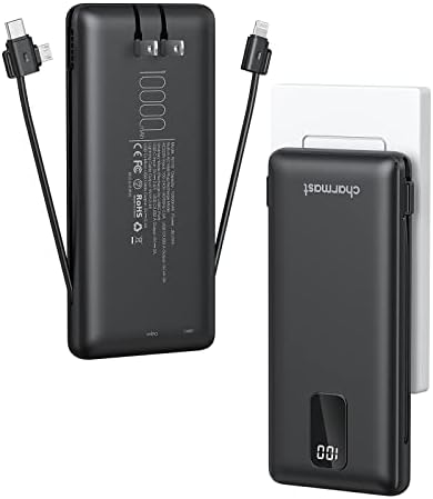 Charmast 10000mAh Portable Charger with Built-in Cables and AC Wall Plug,USB C Battery Pack Power Bank,5 Output 2 Input Battery Pack Compatible with iPhone 16/15/14/13/12,Andriod Series