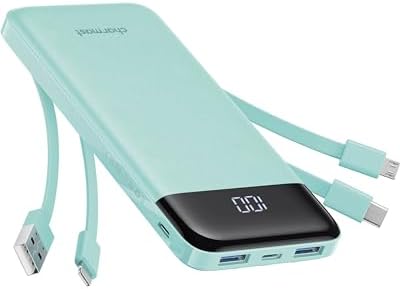 Charmast Portable Charger with Built in Cables, Power Bank with Cords Wires, Slim 10000mAh Travel Battery Pack 6 Outputs 3 Inputs 3A Fast Charging for Samsung Google Pixel LG Moto iPhone iPad