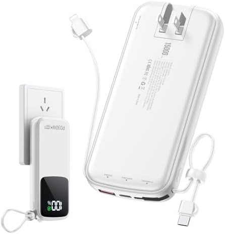 Portable Charger Power Bank, 15000mAh Portable Charger Fast Charging Lightweight, Built-in AC Wall Plug and 2 Output Cables with LED Display for iPhone Samsung iPad etc (White)