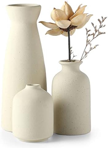 CEMABT White Ceramic vase Set-3 Small Flower vases for Decor,Modern Boho Farmhouse Home Decor,Decorative vase for Pampas Grass&Dried Flowers,idea Shelf,Table,Bookshelf ,Entryway- Distresse