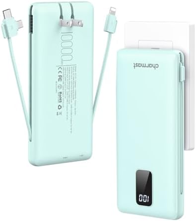 Charmast 10000mAh Portable Charger with Built-in Cables and AC Wall Plug,USB C Battery Pack Power Bank,5 Output 2 Input Battery Pack Compatible with iPhone 16/15/14/13/12,Andriod Series