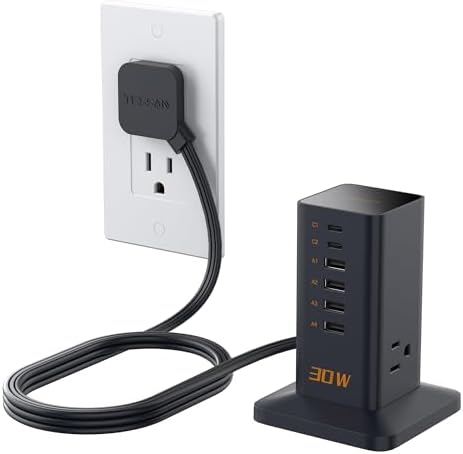 Charging Station, TESSAN 65W Max GaN USB C Charger Block, 6-Ports and 3 AC Outlets Power Tower, Fast Charging for Multiple Devices, Compatible with iPhone, Samsung and More