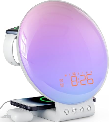 Sunrise Alarm Clock for Heavy Sleepers, Wake Up Light with Sunrise/Sunset Simulation, Dual Alarms & Natural Sounds, Snooze & Sleep Aid, FM Radio, 7 Colors Night Light for Bedroom, Ideal for Gift