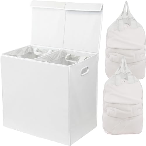 SimpleHouseware Double Laundry Hamper with Lid and Removable Laundry Bags, Beige