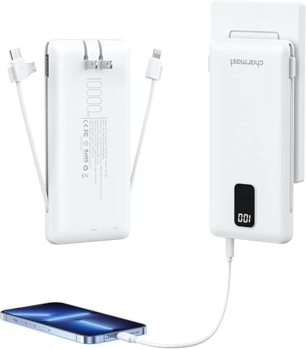 Charmast 10000mAh Portable Charger with Built-in Cables and AC Wall Plug,USB C Battery Pack Power Bank,5 Output 2 Input Battery Pack Compatible with iPhone 16/15/14/13/12,Andriod Series