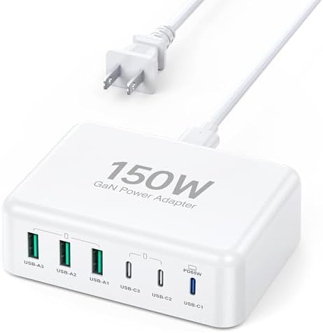 USB C Fast Charger, 150W 6 Port Desktop PD GaN Fast Charger Charging Station Block 65W USB C Laptop Charger for MacBook Pro/Air iPad iPhone 16 15 14 13 12 Pro Max Galaxy S23 Note 20 Pixel