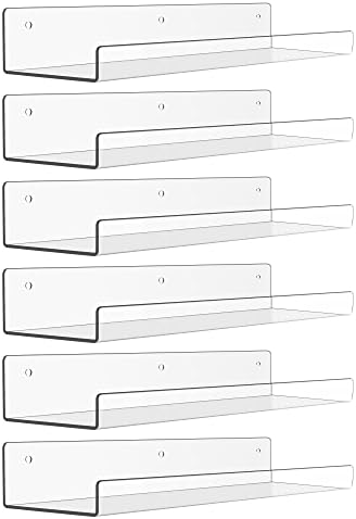 upsimples Clear Acrylic Shelves for Storage, 15" Floating Shelves Wall Mounted for Kids Bookshelf/Display Ledge for Bedroom, Living Room, Bathroom, Kitchen, Set of 4
