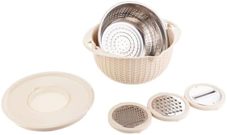 4 in 1 Colander with Bowl Set, Double Layer Fruit Cleaner, Salad Spinner, Rotatable Strainers, for Draining Cooked Pasta, Noodles,Vegetables, Fruits and Rice (Beige)