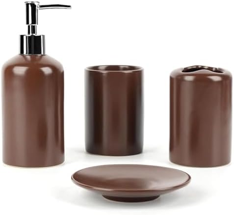 WPM 4 Piece Ceramic Bath Accessory Set | Includes Bathroom Designer Soap or Lotion Dispenser w/Toothbrush Holder, Tumbler, Soap Dish Choose from Purple, Black, Brown, Navy or Burgundy (Brown)