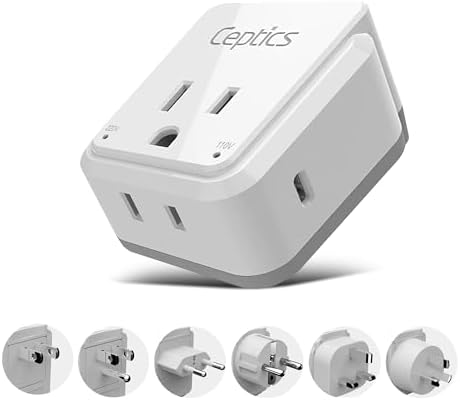 Ceptics Universal Travel Adapter kit, Dual USB (QC 3.0) + 2 US outlets + USB-C Cable, Use with Chargers, Cell Phones, Laptops, 6 Plug attachments for Worldwide use (Does Not Convert Voltage) (WPS-2B)