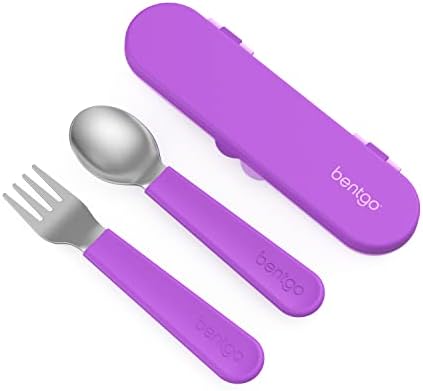 Bentgo® Kids Stainless Steel Utensil Set - Reusable Fork, Spoon & Storage Case - High-Grade BPA-Free Stainless Steel, Easy-Grip Handles, Dishwasher Safe for School Lunch, Travel & Outdoors (Purple) - PuriLite