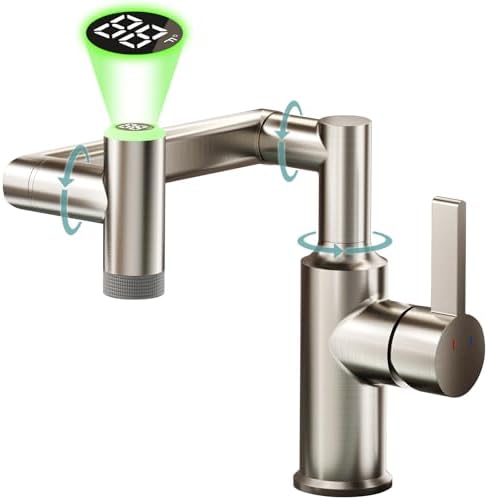 EAARSUO Single Hole Rotatable Bathroom Faucet with Temperature Display, Single Handle Modern Rotating Bathroom Sink Faucet 1 Hole, 1080 Degree Swivel Faucet with 2 Water Outlet Modes (Black)