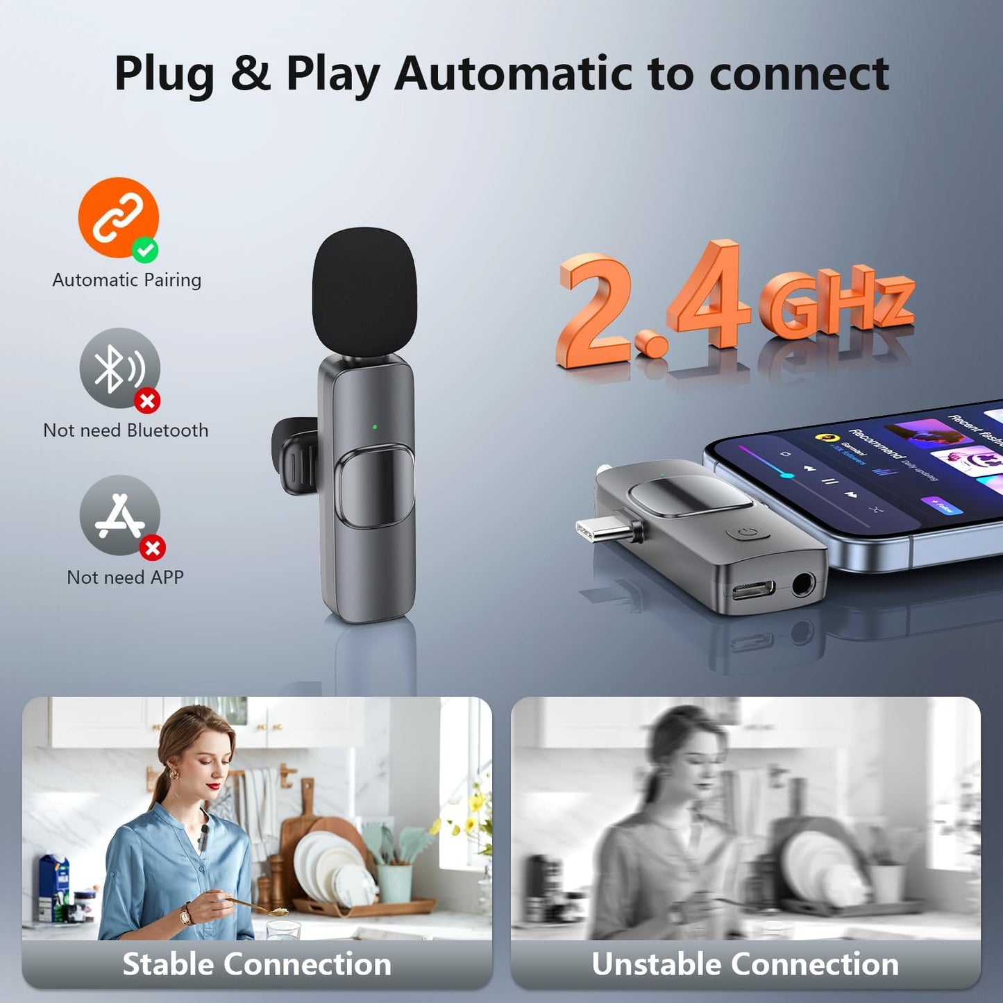 Wireless Lavalier Microphone for iPhone iPad Android Camera, 3 in 1 Mini Microphone Plug-Play Wireless Mic with Noise Reduction for Podcasting, Mini Lapel Mic for Interview Video Vlog YouTube