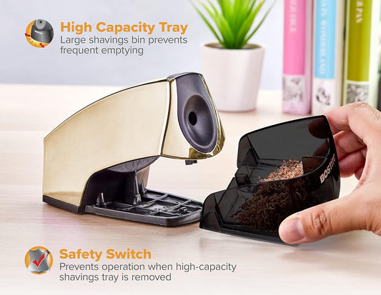 Bostitch Office Personal Electric Pencil Sharpener, Powerful Stall-Free Motor, High Capacity Shavings Tray, 7yr Warranty, Gold Chrome