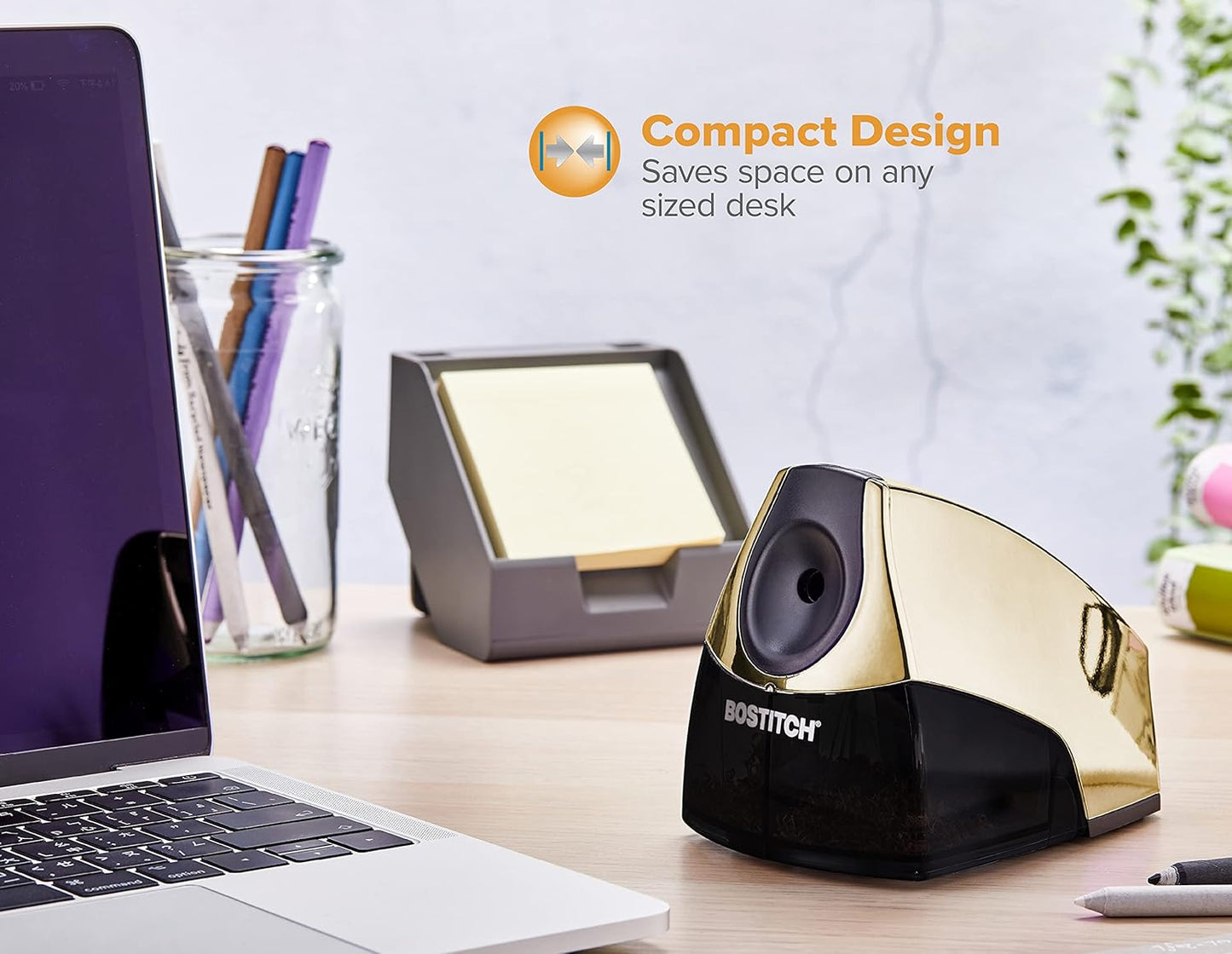 Bostitch Office Personal Electric Pencil Sharpener, Powerful Stall-Free Motor, High Capacity Shavings Tray, 7yr Warranty, Gold Chrome