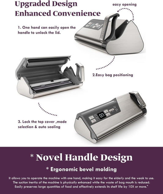 Mesliese Vacuum Sealer Machine, 95kPa 140W Double Seal Powerful Food Sealer, One Hand Operation Food Storage with Build-in Cutter & Roll Storage, ETL Tested, Includes 2 Bag Rolls, 5pcs Pre-cut Bags - PuriLite