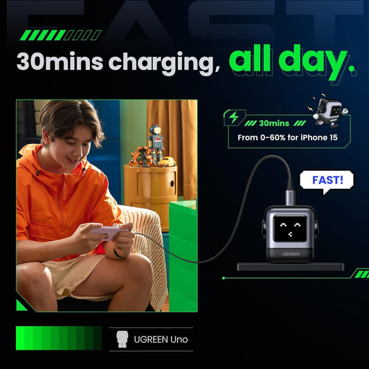 UGREEN Uno 30W USB C Charger, Nexode Robot GaN Fast Charger Block, Compact Wall Charger Power Adapter for iPhone 15 Pro Max/14, Galaxy S24/S23/S22, Pixel 7 Pro/8 Pro, MacBook Air, iPad Pro, Black - PuriLite