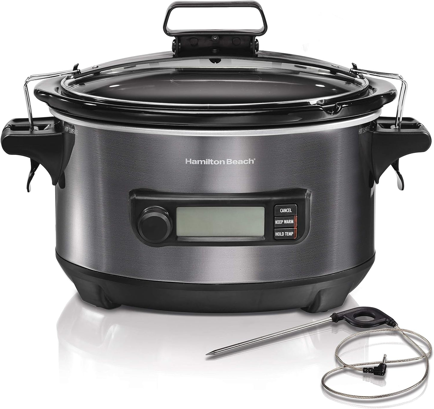 Hamilton Beach Portable 6 Quart Set & Forget Digital Programmable Slow Cooker with Lid Lock, Temperature Probe, Dishwasher Safe Crock & Lid, Black Stainless (33866)