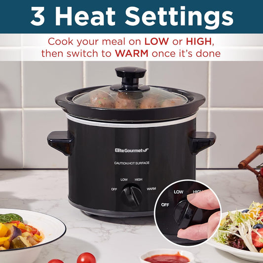 Elite Gourmet MST239X Electric Round Slow Cooker, Adjustable Temp, Entrees, Sauces, Stews & Dips, Dishwasher Safe Glass Lid & Crock, 2 Quart, Black - PuriLite