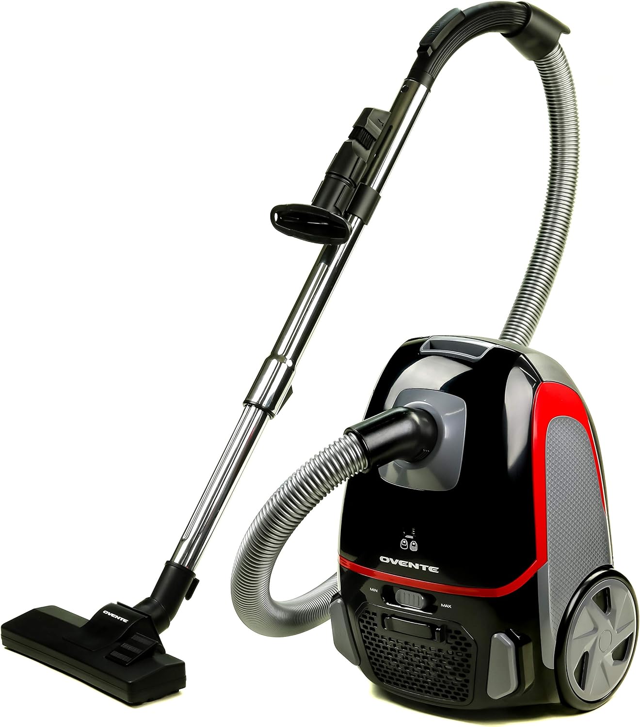 OVENTE Electric Vacuum Cleaner with Speed Control Suction, Adjustable Stainless Steel Wand and Automatic Cord Rewind, Lightweight Cleaning Machine for Hard Floors and Carpets, Black ST1600B