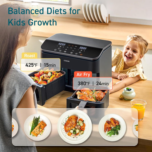 COSORI Air Fryer with Dual Baskets, 9Qt 10-in-1 Functions,130 Recipes for Easy Cooking, Fresh Balanced Meals for Family and Children, Sync Cook & Finish to Bake, Roast, Reheat & Broil, Dishwasher Safe - PuriLite