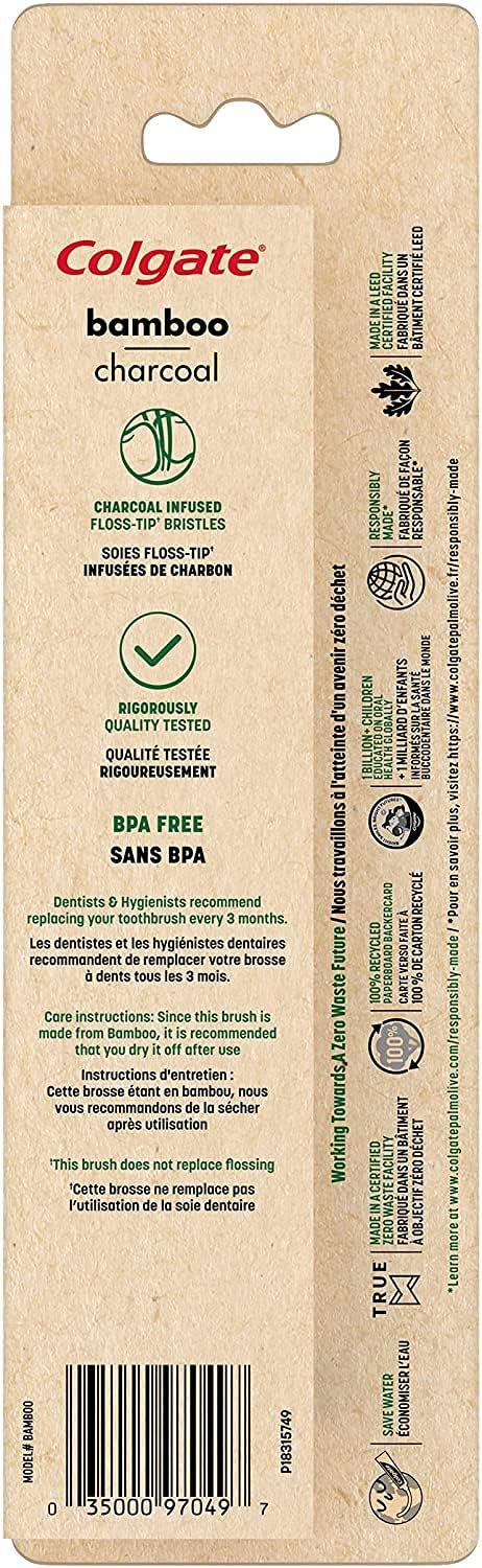 Colgate Bamboo Soft Bristle Full Size Toothbrush (2 Pack) with Floss-Tip Bristles, BPA Free, Eco-Friendly Toothbrush, Natural Bamboo Handle, Gentle on Gums, Sustainable Oral Care - PuriLite