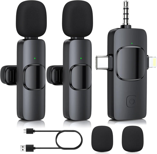 Wireless Lavalier Microphone for iPhone iPad Android Camera, 3 in 1 Mini Microphone Plug-Play Wireless Mic with Noise Reduction for Podcasting, Mini Lapel Mic for Interview Video Vlog YouTube