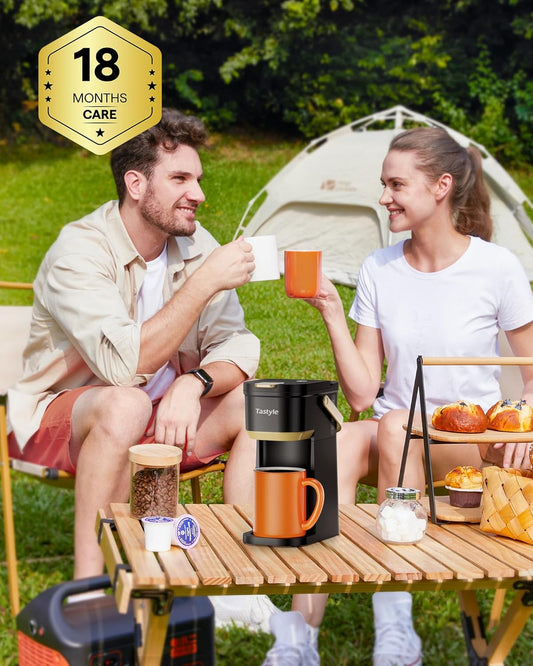 Tastyle Single Serve Mini Coffee Maker, for K Cups and Grounds, with Portable Handle, 6 to 12 Oz Brew Size, for Travel, Camping, Office, RV and Dorm, Black and Gold - PuriLite