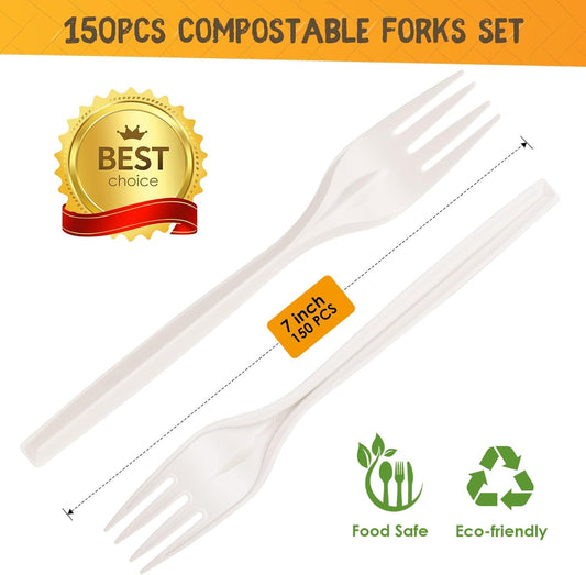 Gezond Compostable Forks 150 Count White Heavy-Duty Forks Disposable Cutlery Set 7 Inch Biodegradable Utensils for Party Supply