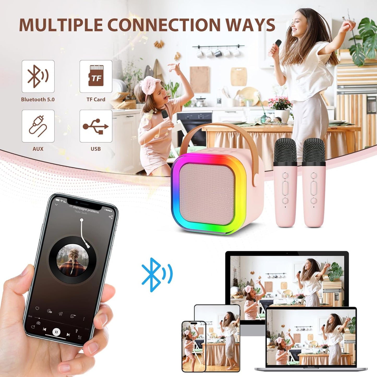 Karaoke Machine for Kids Adults, Mini Karaoke Machine with 2 Wireless Microphones, Portable Bluetooth Speaker with Voice Changing Effects & LED Lights, Best Gifts Toys for Girls and Boys