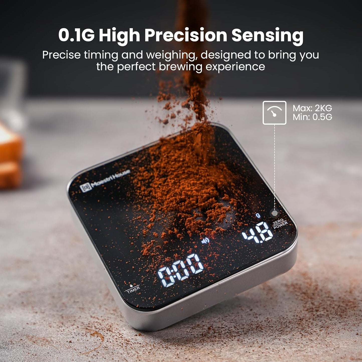 Rechargeable Mini Coffee Scale with Timer, Maestri House Espresso Scale, 2kg/0.1g Accurate Scale for Espresso and Pour-Over Coffee, Portable Digital Kitchen Scale with Automatic Timing(Black&Silver)