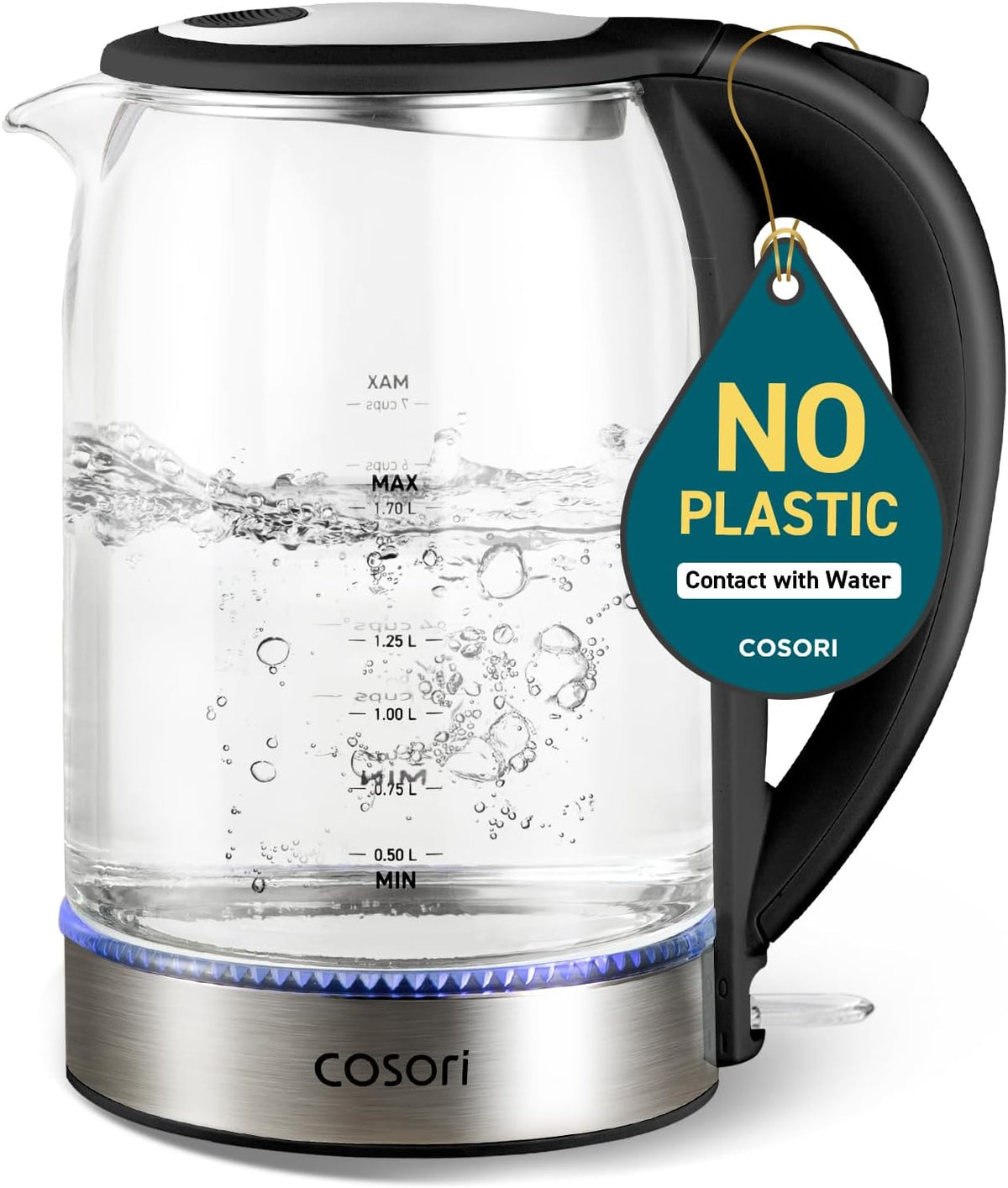 Electric Glass Kettle with Automatic Shut Off, 1.7L Borosilicate Glass Hot Water Kettle, Plastic-Free Interior, 1500W Fast Boil Tea and Coffee Kettle, Black - PuriLite