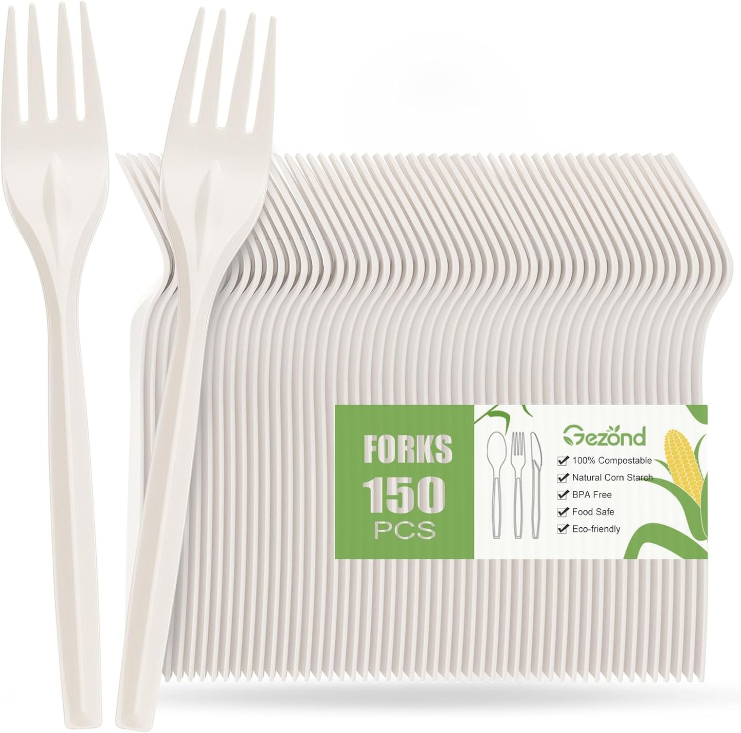 Gezond Compostable Forks 150 Count White Heavy-Duty Forks Disposable Cutlery Set 7 Inch Biodegradable Utensils for Party Supply