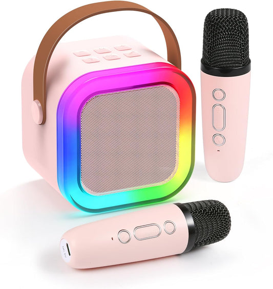 Karaoke Machine for Kids Adults, Mini Karaoke Machine with 2 Wireless Microphones, Portable Bluetooth Speaker with Voice Changing Effects & LED Lights, Best Gifts Toys for Girls and Boys