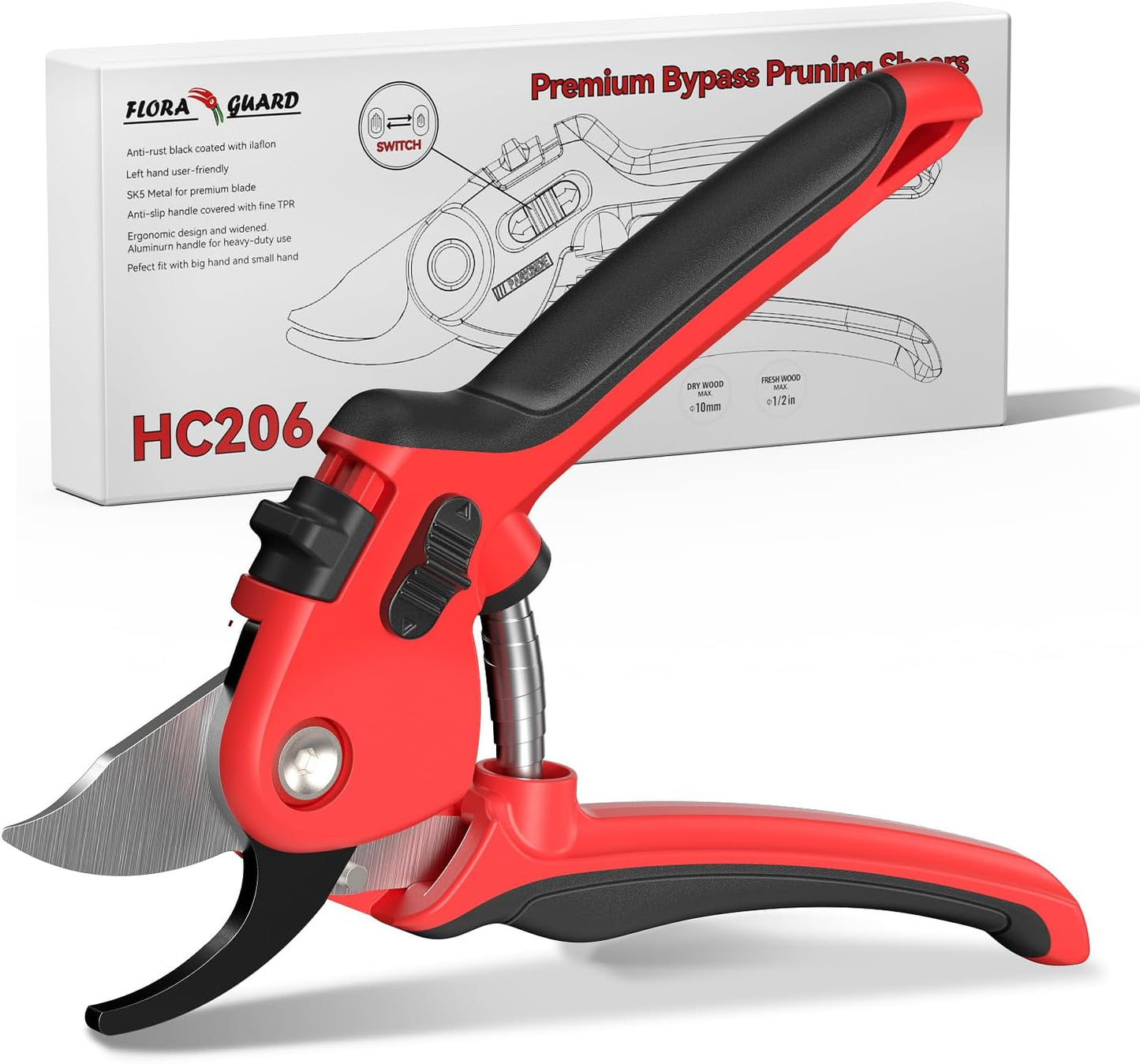Flora Guard Bypass Pruning Shears, Professional Garden Pruning Shears (Long Blade)