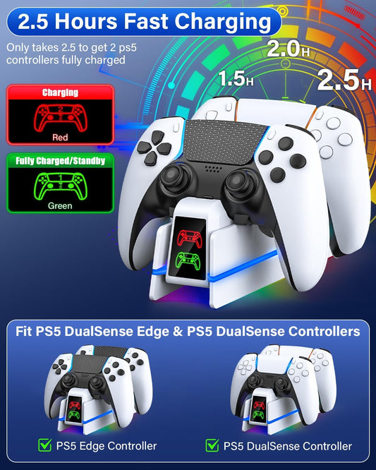 PS5-Controller-Charger for PlayStation-5-Dualsense-Edge, 9 Colors RGB PS5 Charging Station for PlayStation 5 Controller Charger, Charging Dock and Holder Stand for PS5/Slim/Pro Remote Accessorise - PuriLite