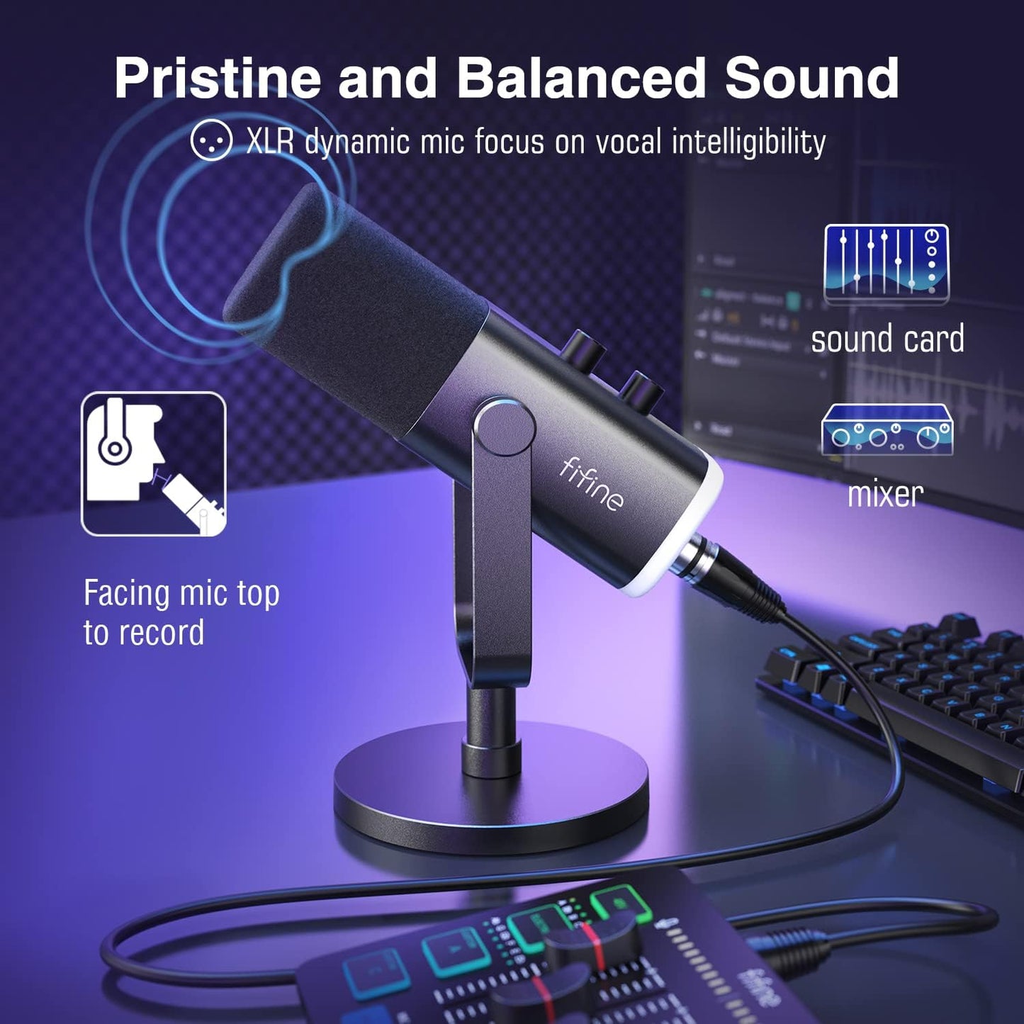 Fifine XLR/USB Dynamic Podcasting Microphone, Gaming Studio Computer PC Mic with RGB, Mute Button, Headphones Jack, Desktop Stand for Streaming Recording Vocal VoiceOver YouTube Singing-AM8