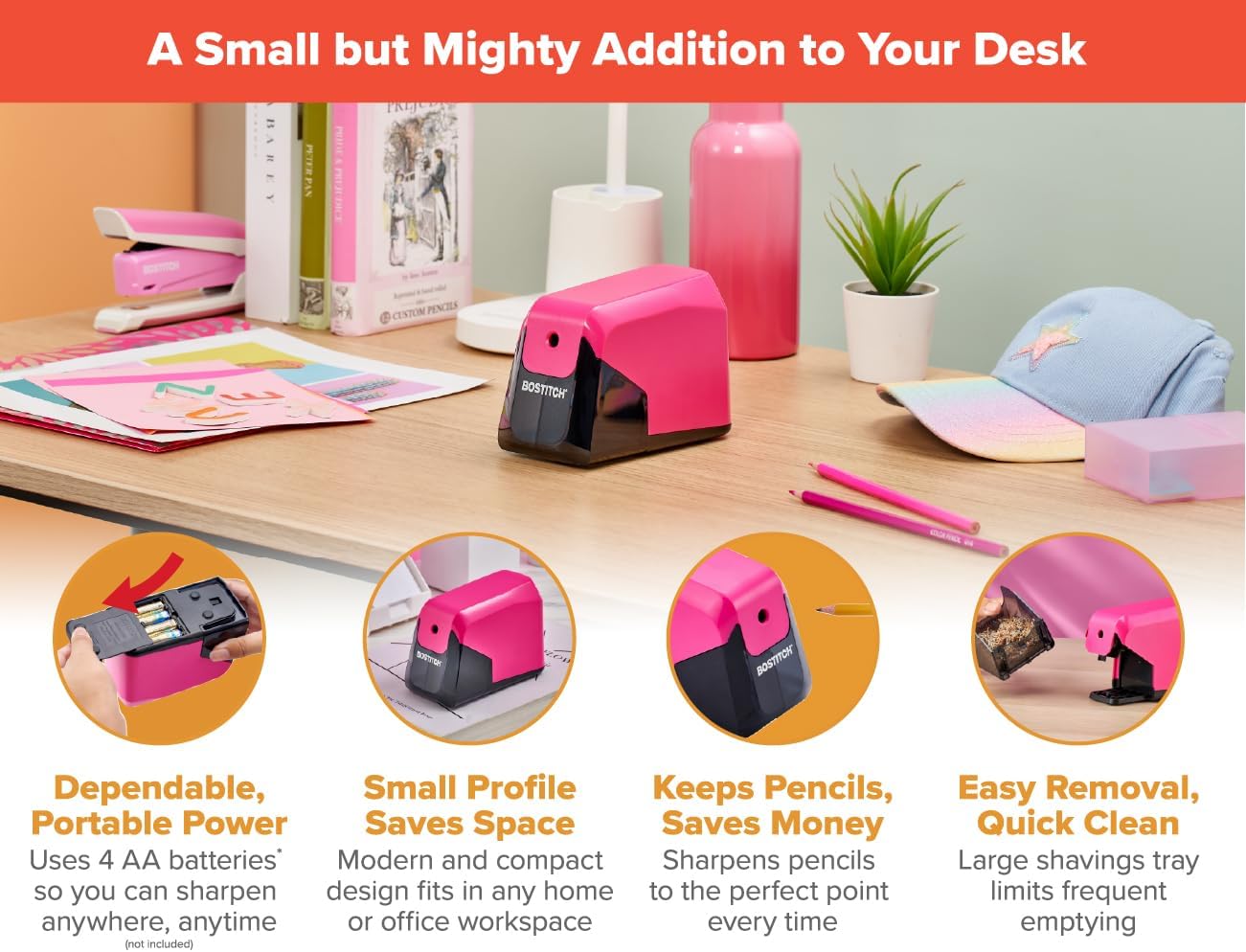 Bostitch Office Battery Pencil Sharpener, 4X Longer Cutter Life, Tip Saver Technology, Pink