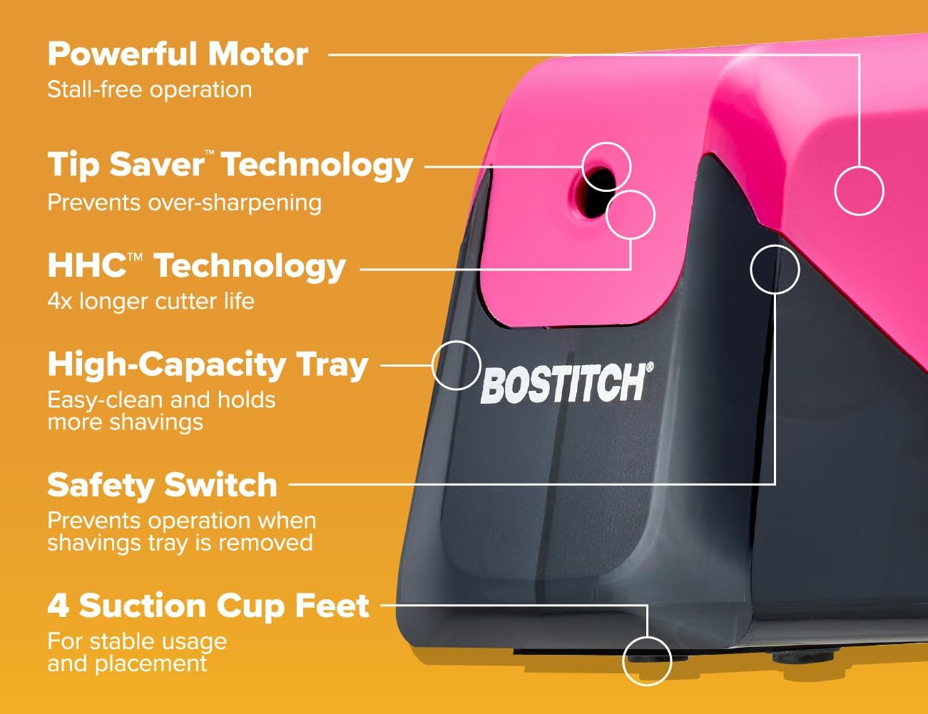 Bostitch Office Battery Pencil Sharpener, 4X Longer Cutter Life, Tip Saver Technology, Pink
