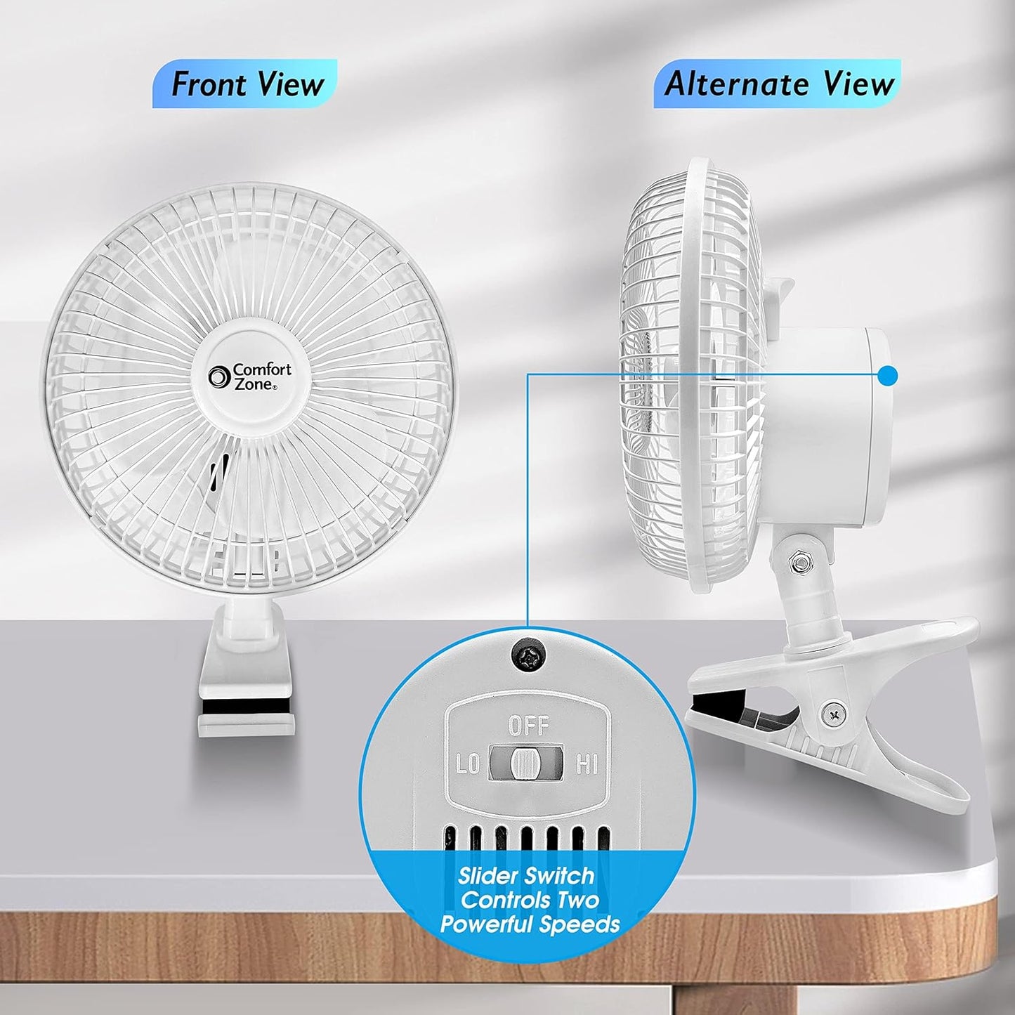 6 Inch Clip-On Fan Great for Table Tops, White