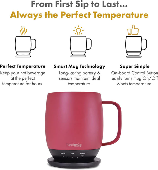 Nextmug - Temperature-Controlled, Self-Heating Coffee Mug (Dusty Rose - 14 oz.) - PuriLite